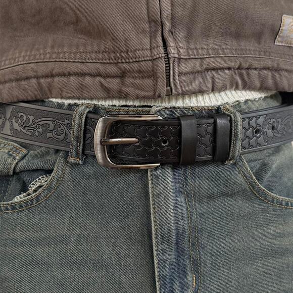 Vintage Black Western Belt – Engraved Simple Design, Unisex, Fits 26–34, New - Picture 6 of 9